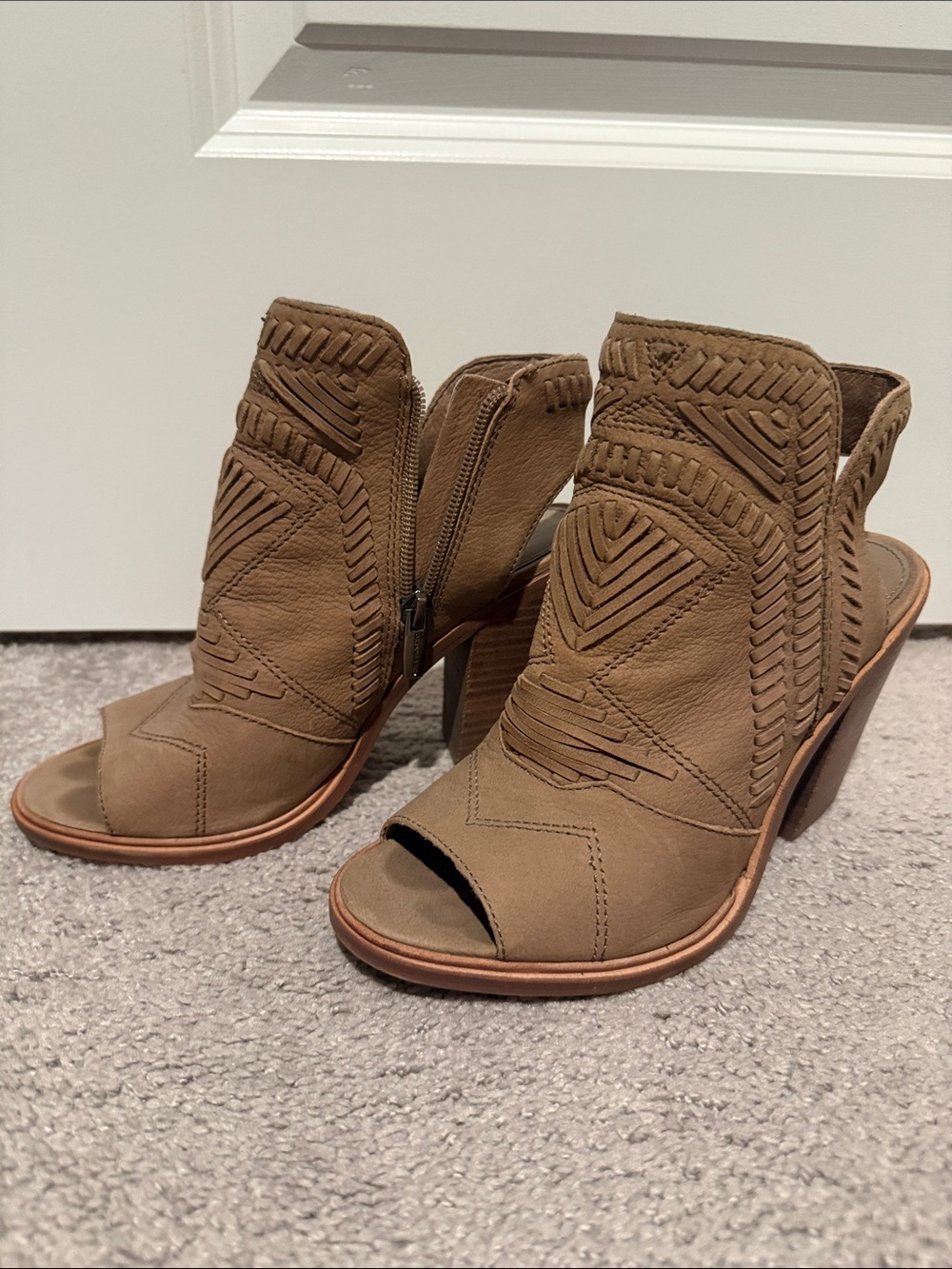 Womens Tan Open-Toe Heeled Booties